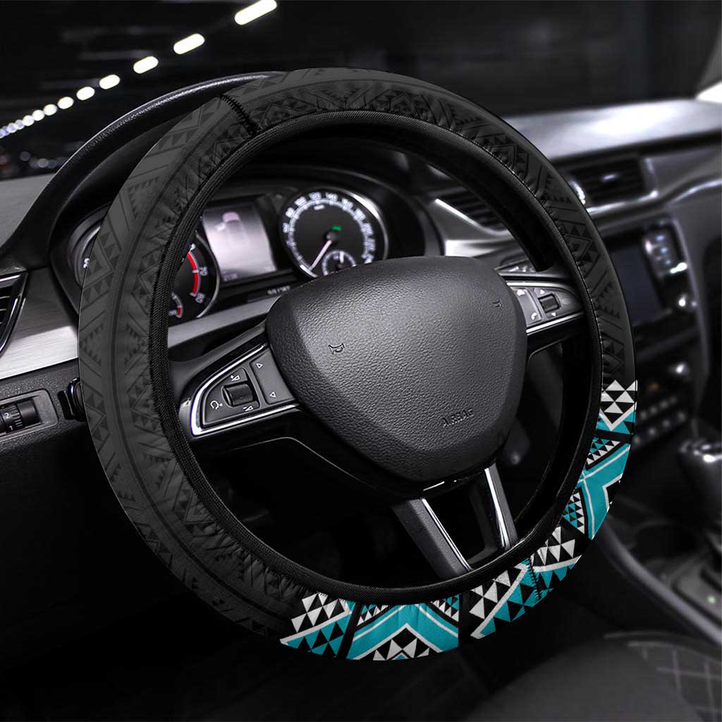 Turquoise Taniko Pattern Aotearoa Steering Wheel Cover Niho Taniwha Mix Poutama