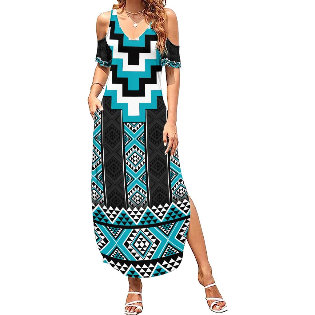 Turquoise Taniko Pattern Aotearoa Summer Maxi Dress Niho Taniwha Mix Poutama LT14 Women Turquoise - Polynesian Pride
