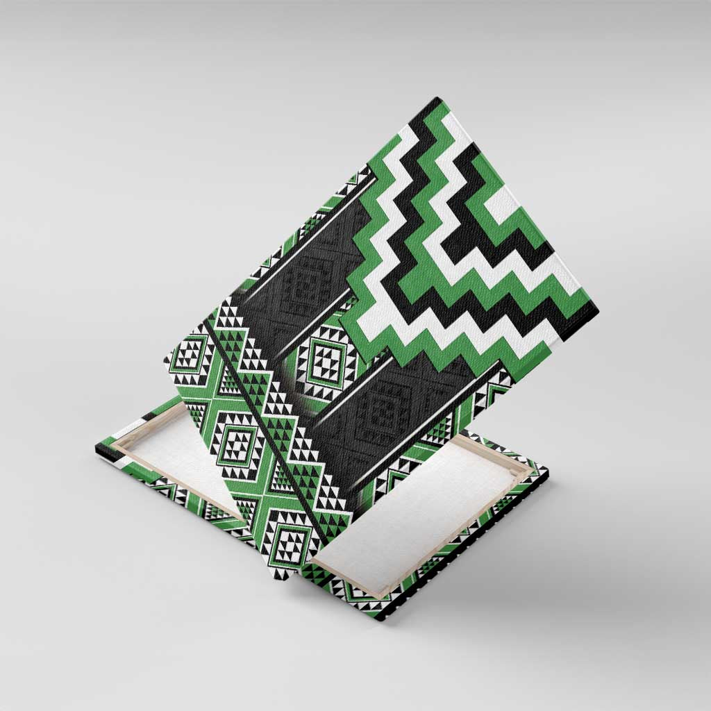 Green Taniko Pattern Aotearoa Canvas Wall Art Niho Taniwha Mix Poutama LT14 With Frame Green - Polynesian Pride