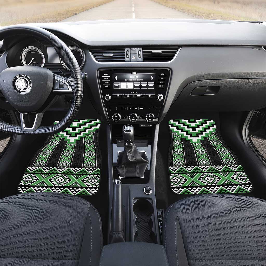 Green Taniko Pattern Aotearoa Car Mats Niho Taniwha Mix Poutama LT14 Set 2pcs - Front Green - Polynesian Pride