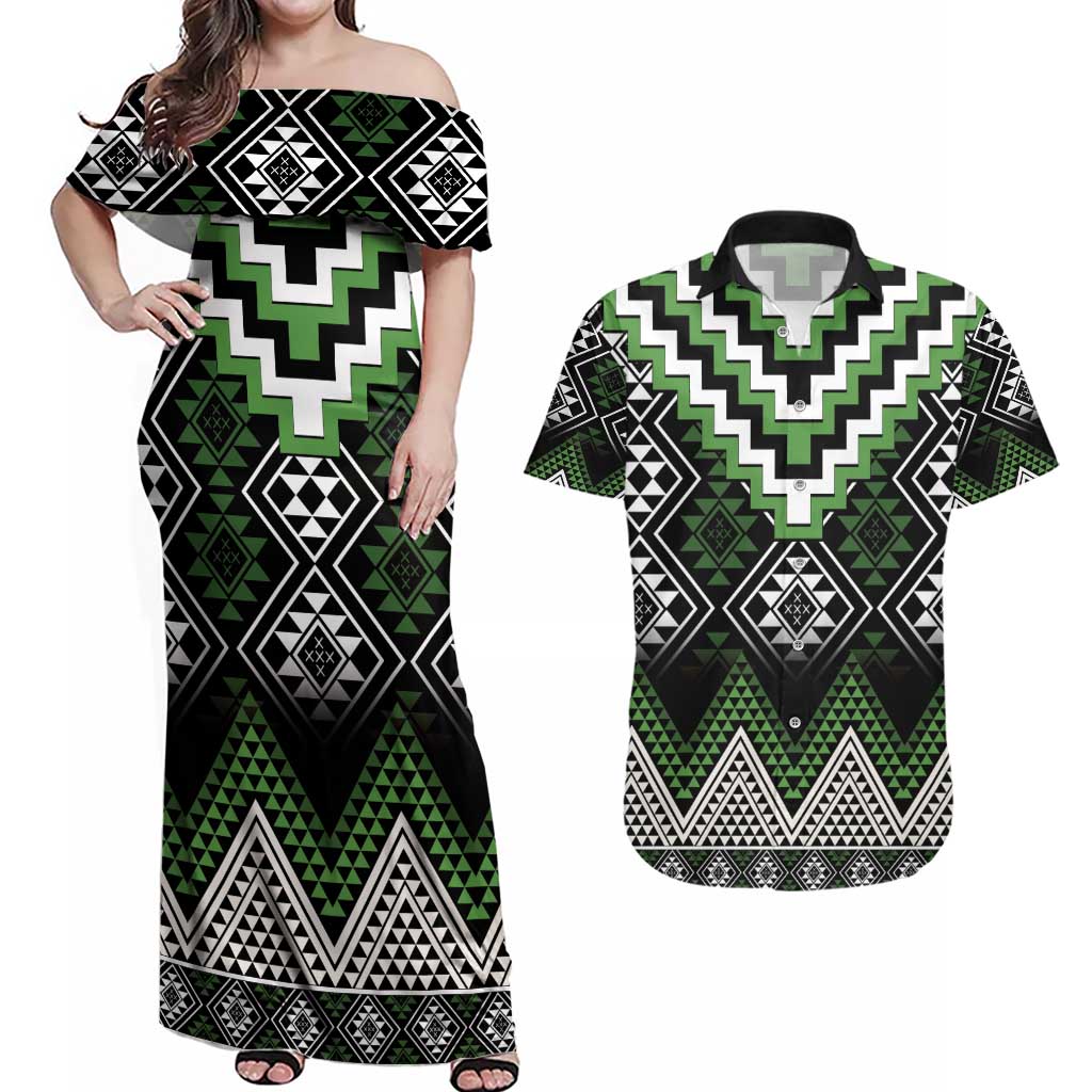 Green Taniko Pattern Aotearoa Couples Matching Off Shoulder Maxi Dress and Hawaiian Shirt Niho Taniwha Mix Poutama