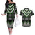 Green Taniko Pattern Aotearoa Couples Matching Off The Shoulder Long Sleeve Dress and Hawaiian Shirt Niho Taniwha Mix Poutama