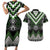 Green Taniko Pattern Aotearoa Couples Matching Short Sleeve Bodycon Dress and Hawaiian Shirt Niho Taniwha Mix Poutama