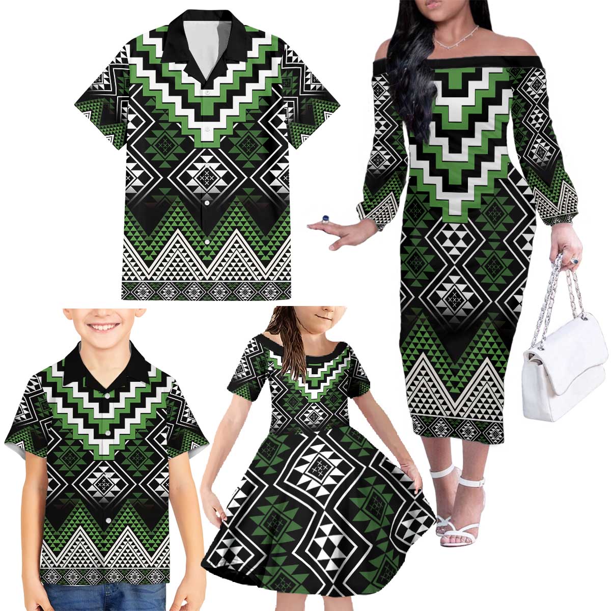 Green Taniko Pattern Aotearoa Family Matching Off The Shoulder Long Sleeve Dress and Hawaiian Shirt Niho Taniwha Mix Poutama