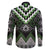 Green Taniko Pattern Aotearoa Family Matching Off The Shoulder Long Sleeve Dress and Hawaiian Shirt Niho Taniwha Mix Poutama