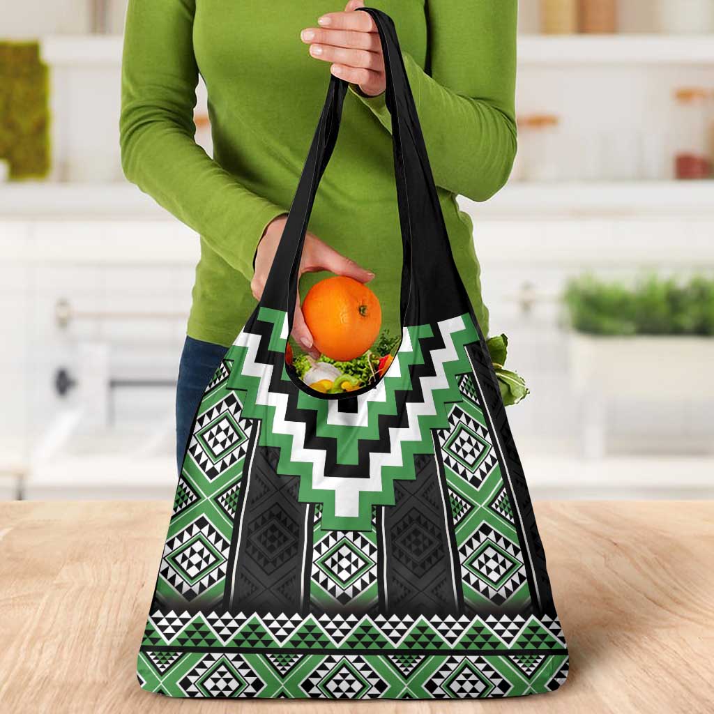Green Taniko Pattern Aotearoa Grocery Bag Niho Taniwha Mix Poutama LT14 - Polynesian Pride