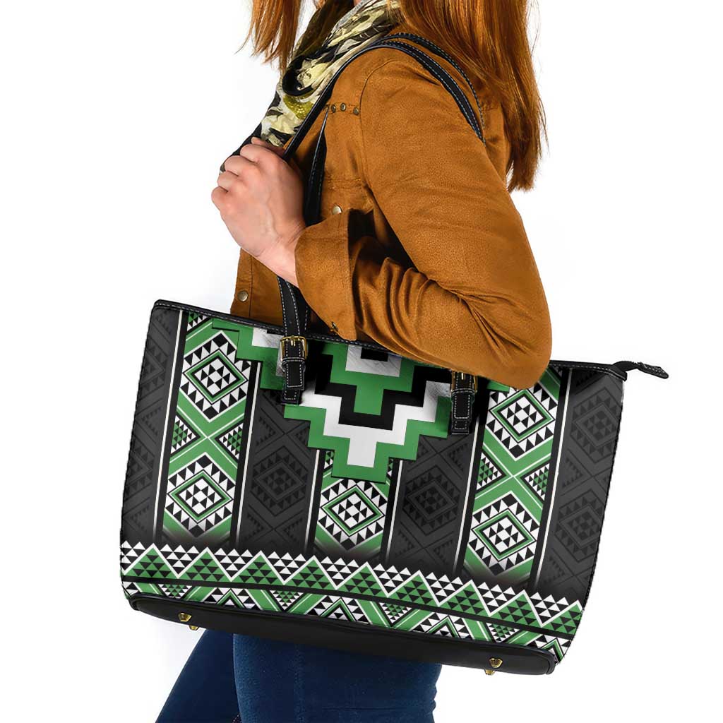 Green Taniko Pattern Aotearoa Leather Tote Bag Niho Taniwha Mix Poutama LT14 Green - Polynesian Pride