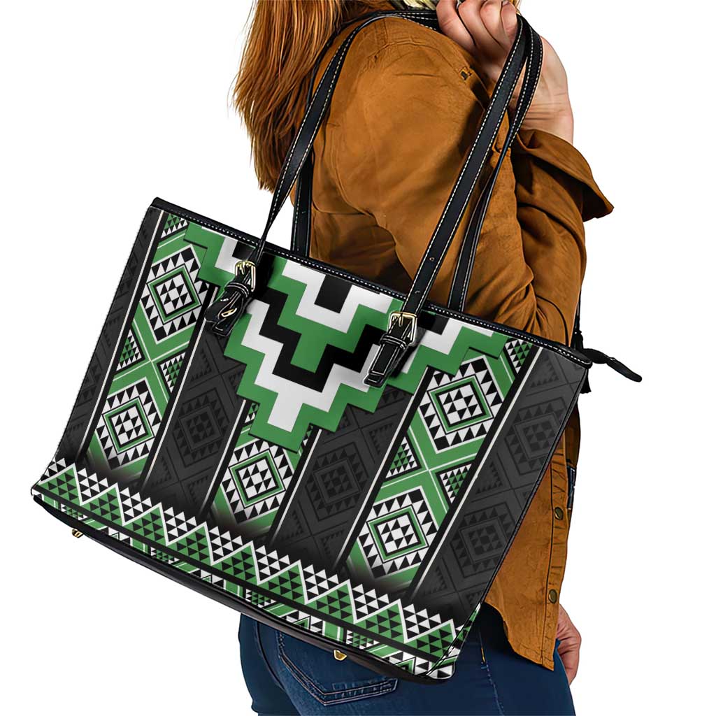 Green Taniko Pattern Aotearoa Leather Tote Bag Niho Taniwha Mix Poutama LT14 - Polynesian Pride