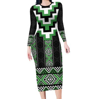 Green Taniko Pattern Aotearoa Long Sleeve Bodycon Dress Niho Taniwha Mix Poutama LT14 Long Dress Green - Polynesian Pride