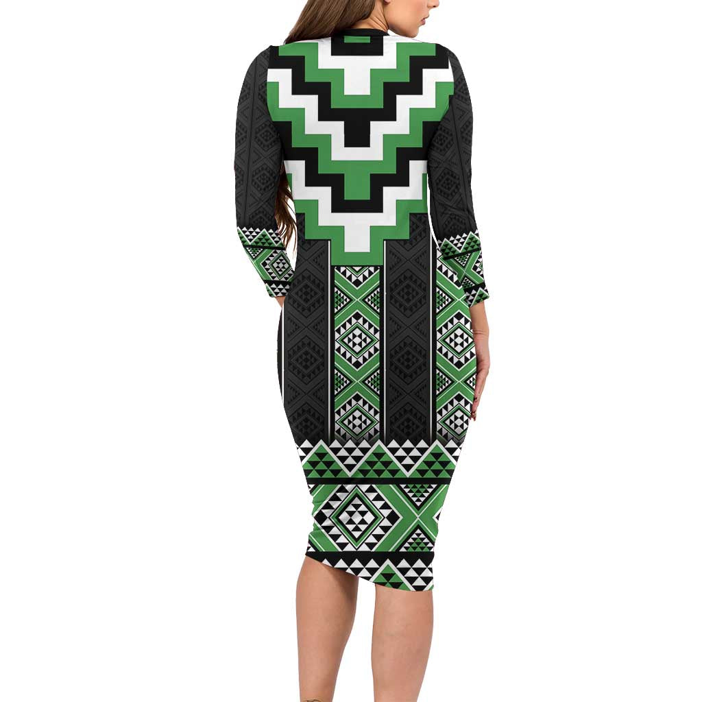 Green Taniko Pattern Aotearoa Long Sleeve Bodycon Dress Niho Taniwha Mix Poutama LT14 - Polynesian Pride