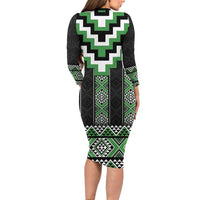 Green Taniko Pattern Aotearoa Long Sleeve Bodycon Dress Niho Taniwha Mix Poutama LT14 - Polynesian Pride