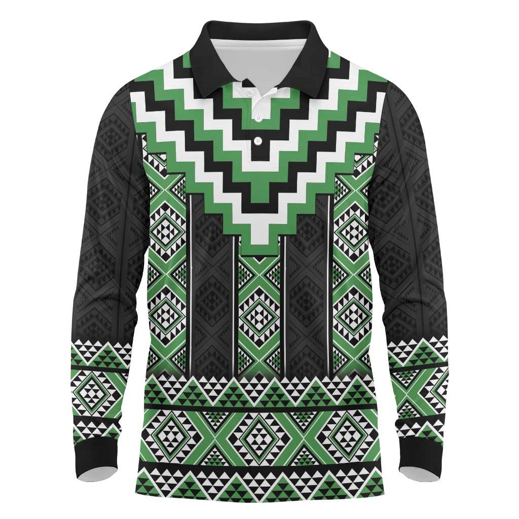 Green Taniko Pattern Aotearoa Long Sleeve Polo Shirt Niho Taniwha Mix Poutama LT14 Green - Polynesian Pride