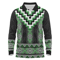 Green Taniko Pattern Aotearoa Long Sleeve Polo Shirt Niho Taniwha Mix Poutama LT14 Green - Polynesian Pride