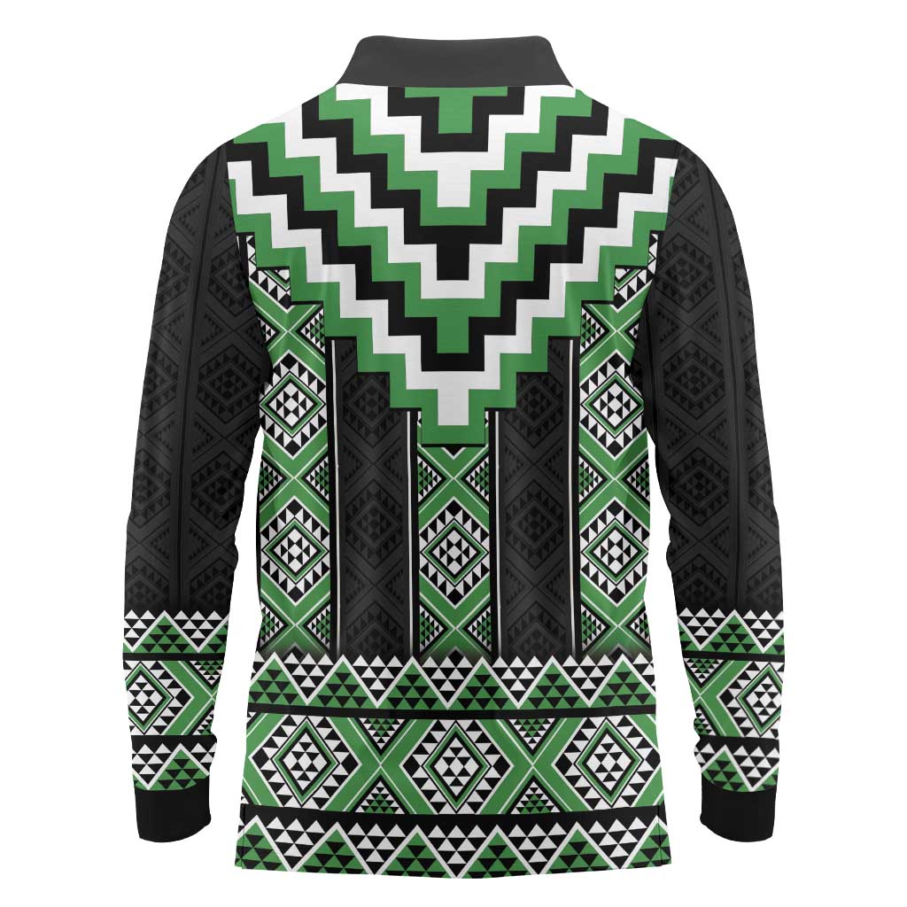 Green Taniko Pattern Aotearoa Long Sleeve Polo Shirt Niho Taniwha Mix Poutama LT14 - Polynesian Pride