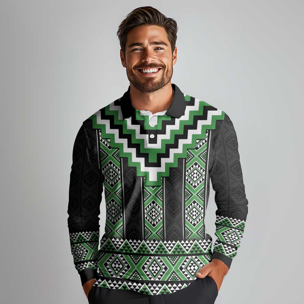 Green Taniko Pattern Aotearoa Long Sleeve Polo Shirt Niho Taniwha Mix Poutama LT14 - Polynesian Pride