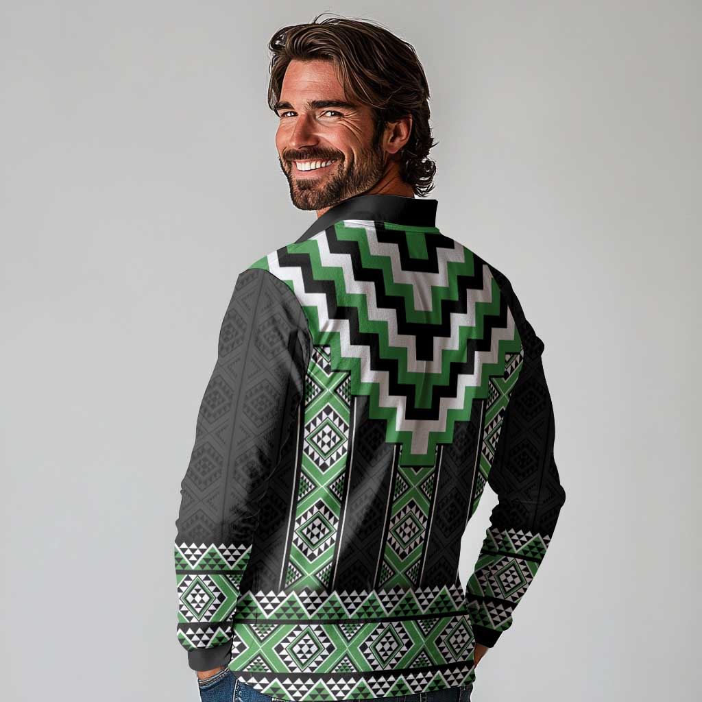 Green Taniko Pattern Aotearoa Long Sleeve Polo Shirt Niho Taniwha Mix Poutama LT14 - Polynesian Pride
