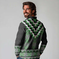 Green Taniko Pattern Aotearoa Long Sleeve Polo Shirt Niho Taniwha Mix Poutama LT14 - Polynesian Pride