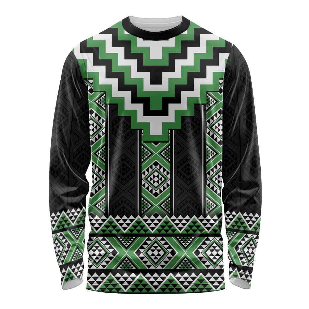 Green Taniko Pattern Aotearoa Long Sleeve Shirt Niho Taniwha Mix Poutama LT14 Unisex Green - Polynesian Pride