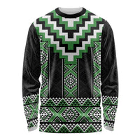 Green Taniko Pattern Aotearoa Long Sleeve Shirt Niho Taniwha Mix Poutama LT14 Unisex Green - Polynesian Pride