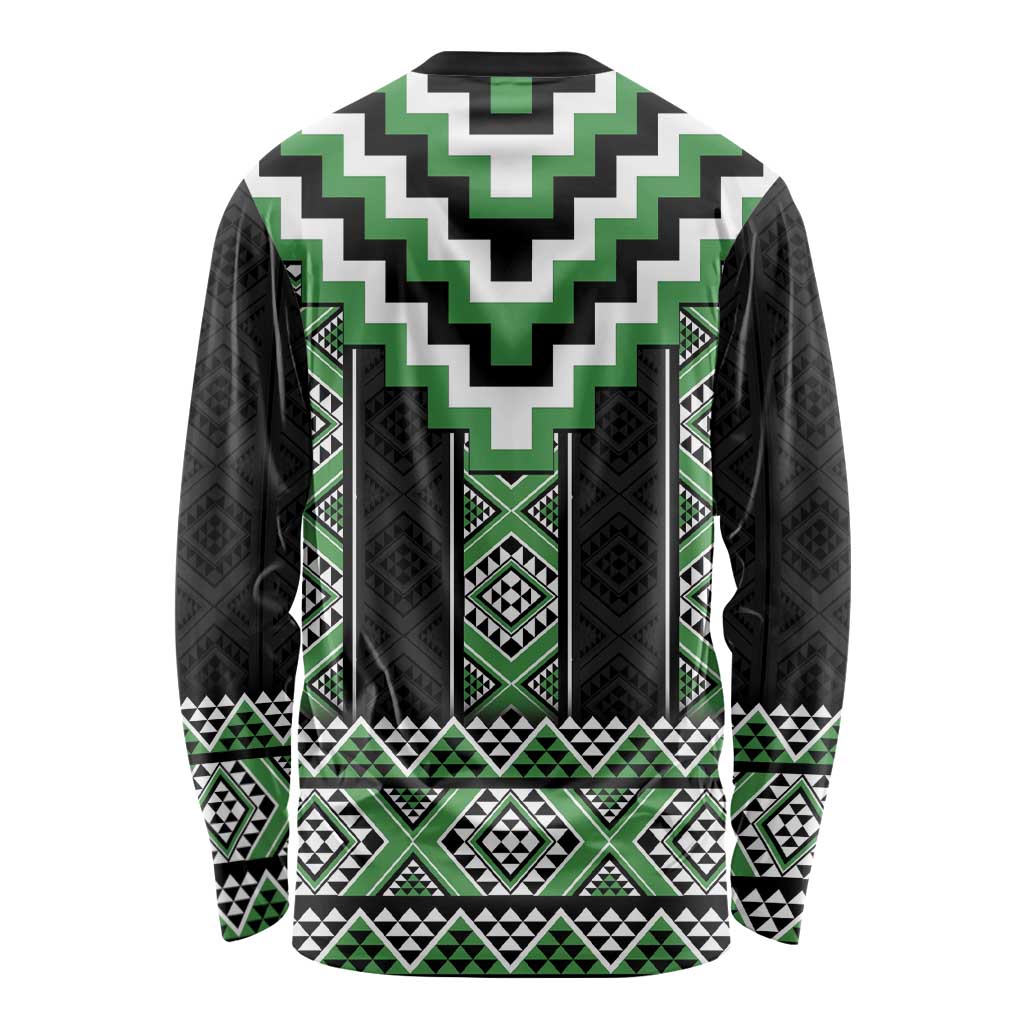 Green Taniko Pattern Aotearoa Long Sleeve Shirt Niho Taniwha Mix Poutama LT14 - Polynesian Pride
