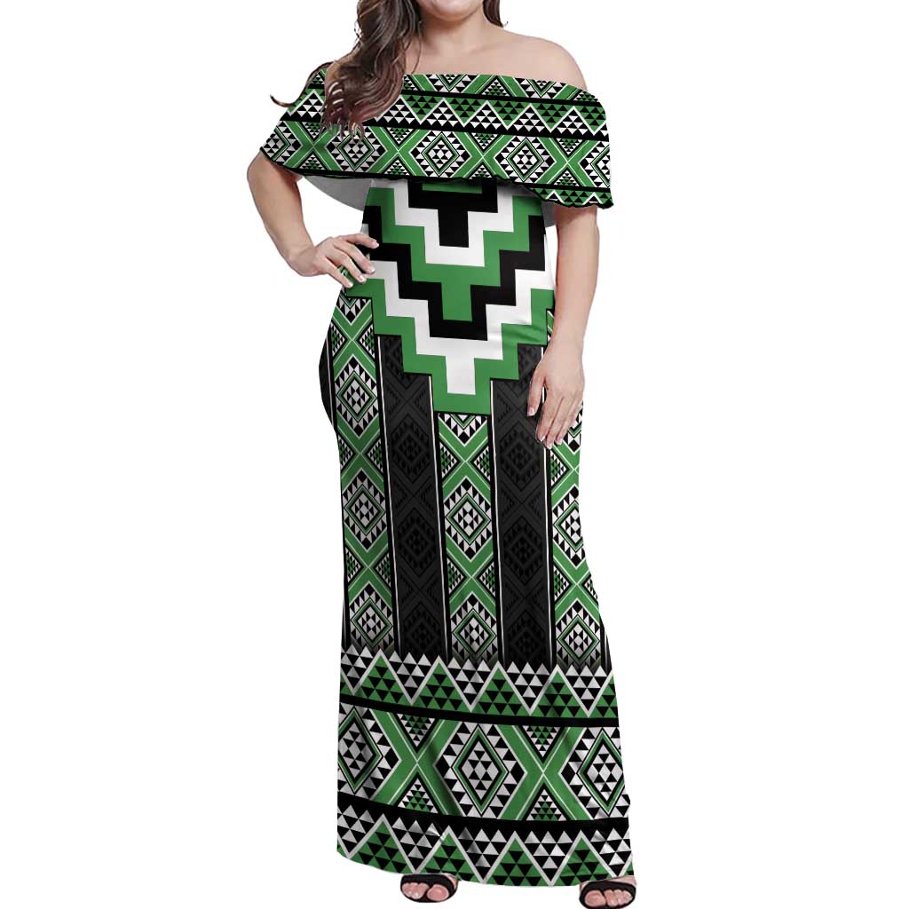 Green Taniko Pattern Aotearoa Off Shoulder Maxi Dress Niho Taniwha Mix Poutama LT14 Women Green - Polynesian Pride