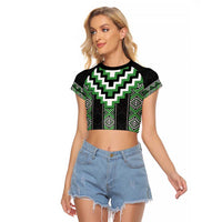 Green Taniko Pattern Aotearoa Raglan Cropped T Shirt Niho Taniwha Mix Poutama LT14 Female Green - Polynesian Pride