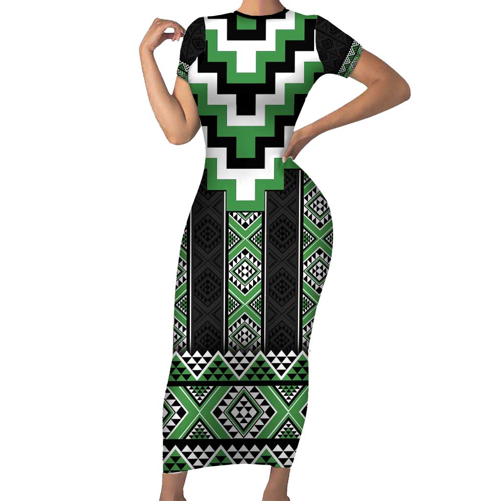 Green Taniko Pattern Aotearoa Short Sleeve Bodycon Dress Niho Taniwha Mix Poutama LT14 Long Dress Green - Polynesian Pride