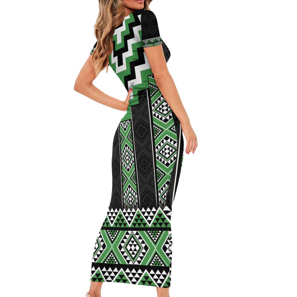 Green Taniko Pattern Aotearoa Short Sleeve Bodycon Dress Niho Taniwha Mix Poutama LT14 - Polynesian Pride