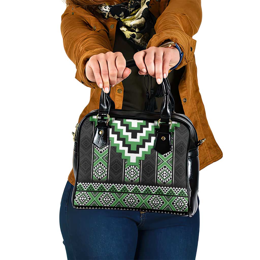 Green Taniko Pattern Aotearoa Shoulder Handbag Niho Taniwha Mix Poutama LT14 One Size Green - Polynesian Pride