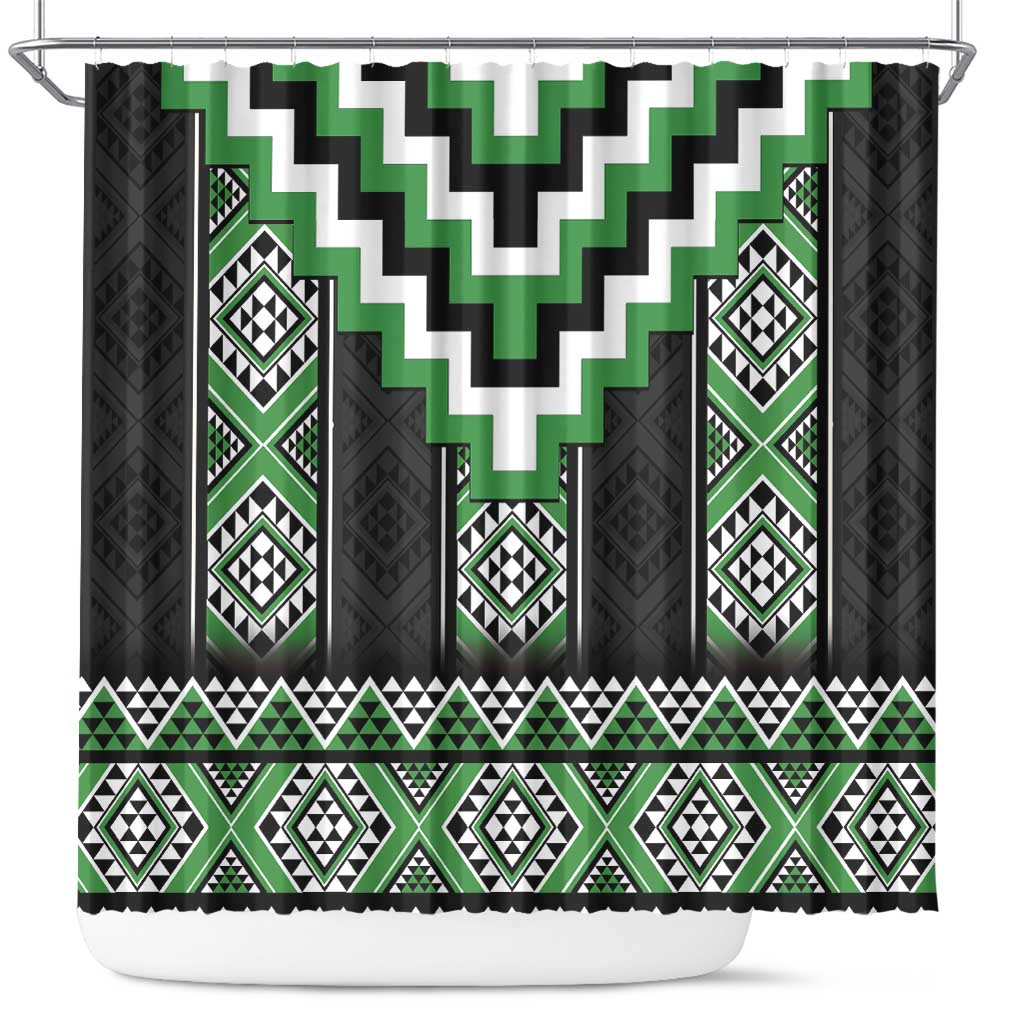 Green Taniko Pattern Aotearoa Shower Curtain Niho Taniwha Mix Poutama LT14 Green - Polynesian Pride