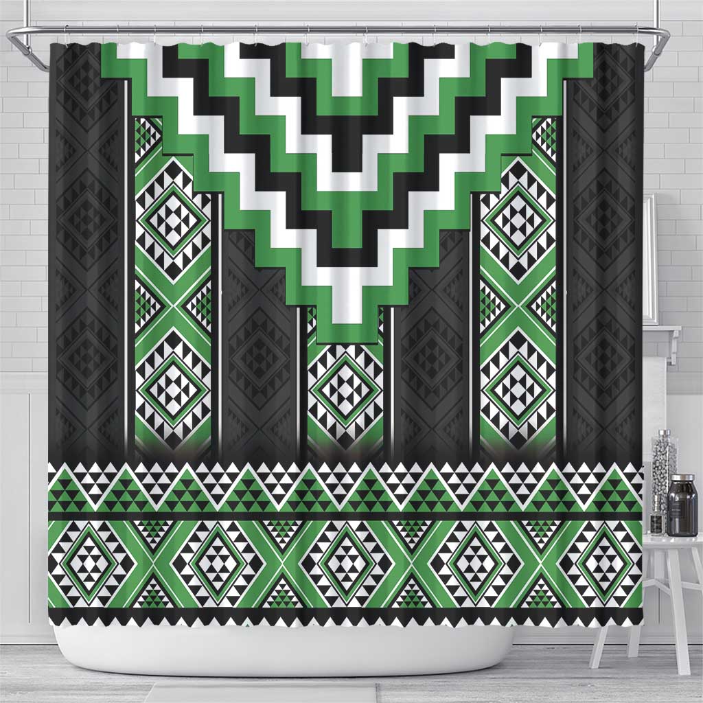 Green Taniko Pattern Aotearoa Shower Curtain Niho Taniwha Mix Poutama LT14 - Polynesian Pride
