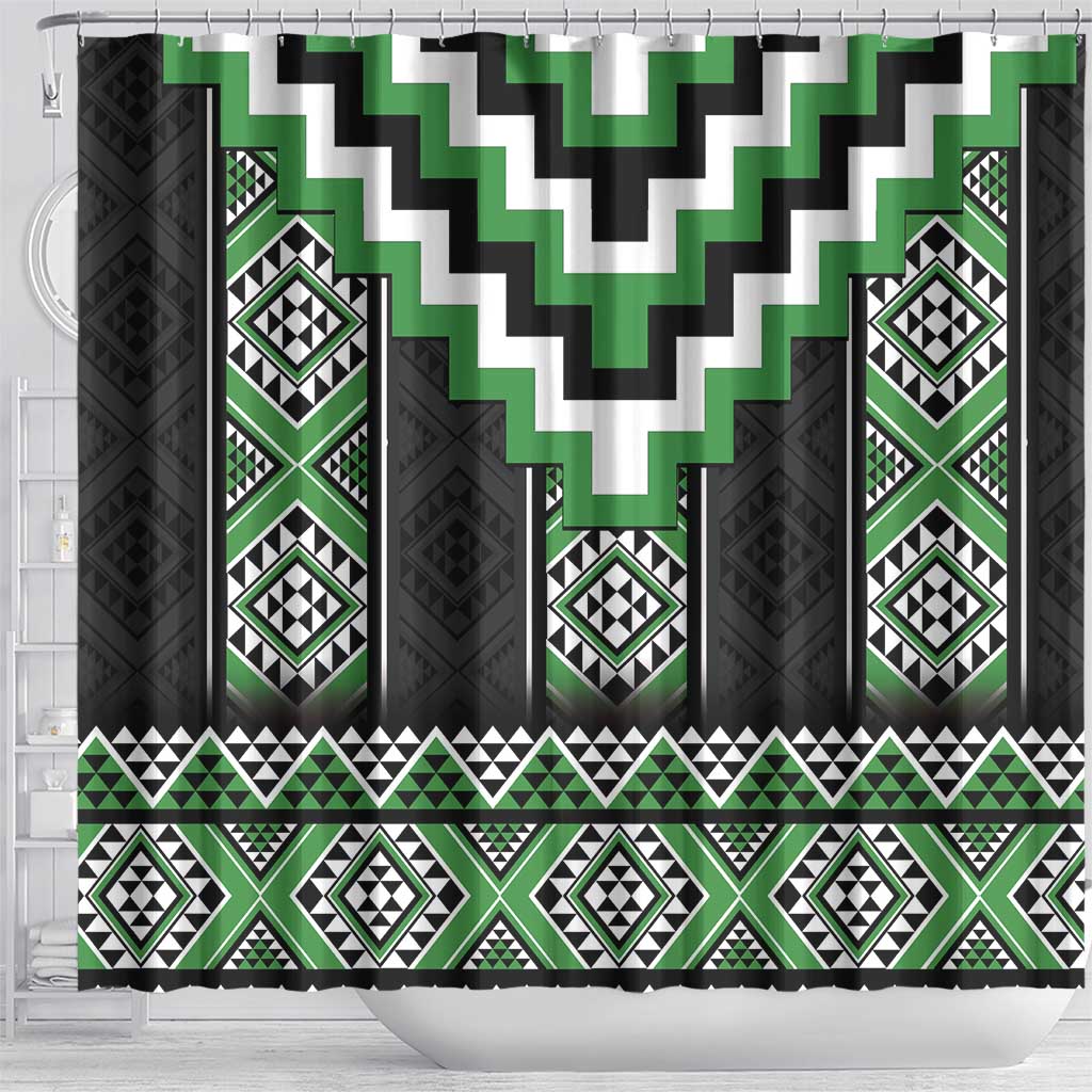 Green Taniko Pattern Aotearoa Shower Curtain Niho Taniwha Mix Poutama LT14 - Polynesian Pride