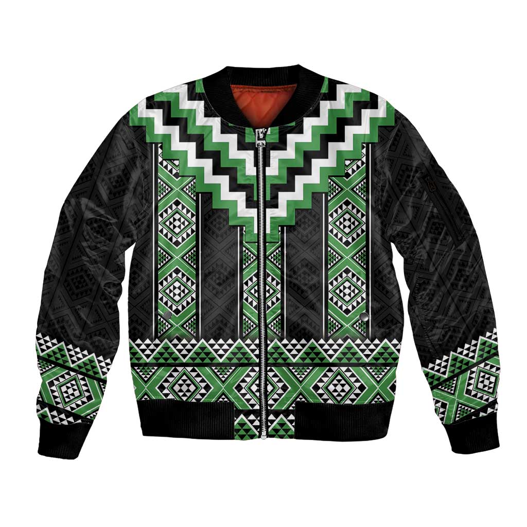 Green Taniko Pattern Aotearoa Sleeve Zip Bomber Jacket Niho Taniwha Mix Poutama LT14 Unisex Green - Polynesian Pride