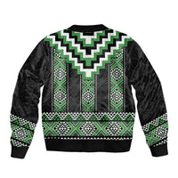 Green Taniko Pattern Aotearoa Sleeve Zip Bomber Jacket Niho Taniwha Mix Poutama LT14 - Polynesian Pride