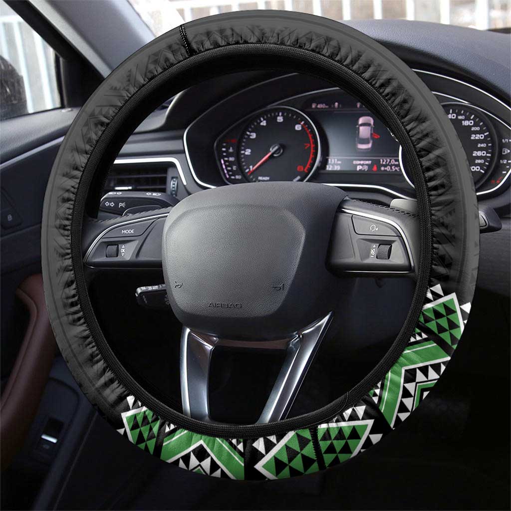 Green Taniko Pattern Aotearoa Steering Wheel Cover Niho Taniwha Mix Poutama LT14 - Polynesian Pride