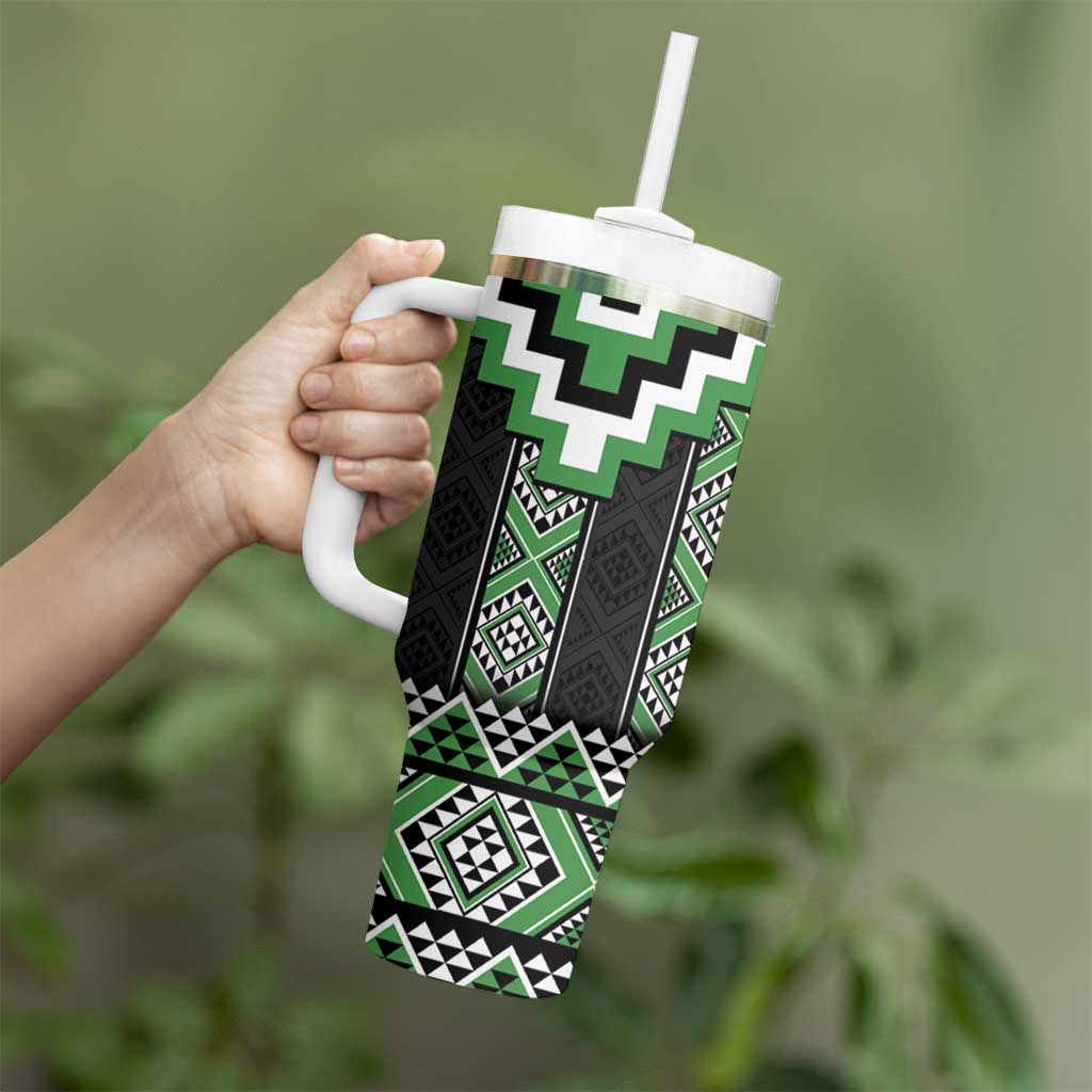 Green Taniko Pattern Aotearoa Tumbler With Handle Niho Taniwha Mix Poutama LT14 - Polynesian Pride
