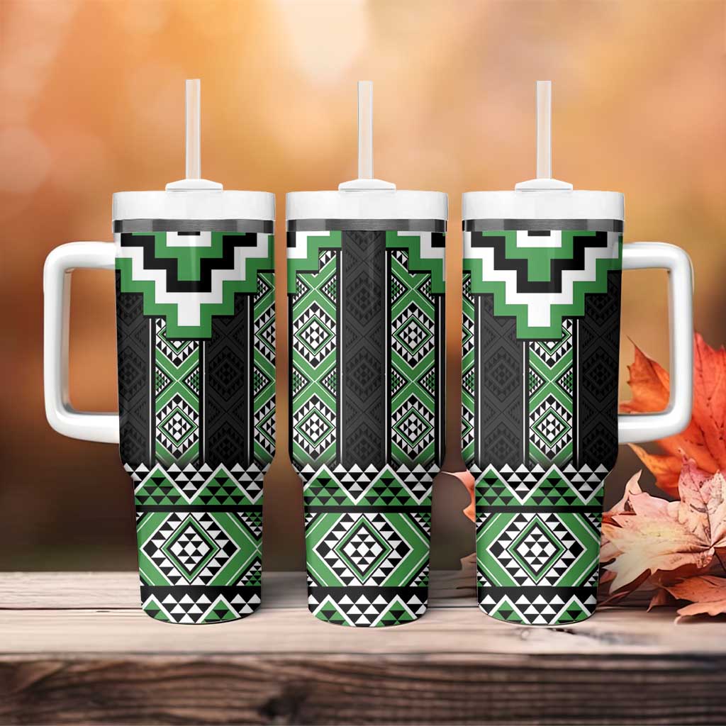 Green Taniko Pattern Aotearoa Tumbler With Handle Niho Taniwha Mix Poutama LT14 - Polynesian Pride