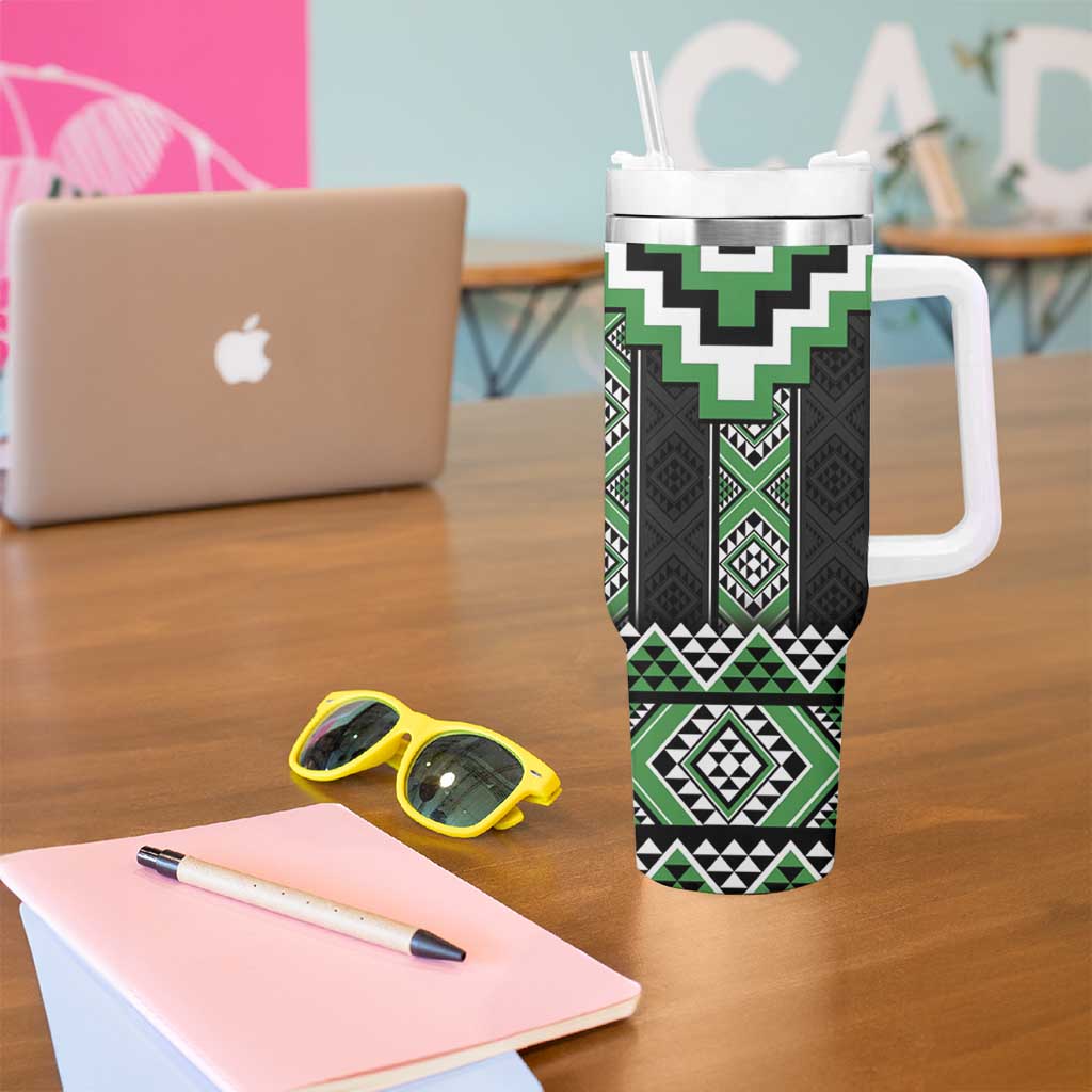 Green Taniko Pattern Aotearoa Tumbler With Handle Niho Taniwha Mix Poutama LT14 - Polynesian Pride