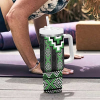 Green Taniko Pattern Aotearoa Tumbler With Handle Niho Taniwha Mix Poutama LT14 - Polynesian Pride