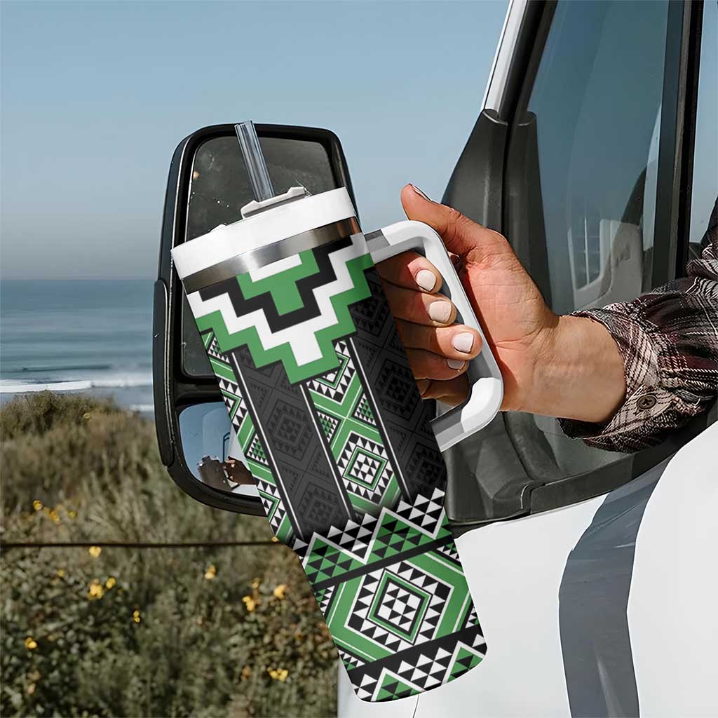 Green Taniko Pattern Aotearoa Tumbler With Handle Niho Taniwha Mix Poutama LT14 - Polynesian Pride