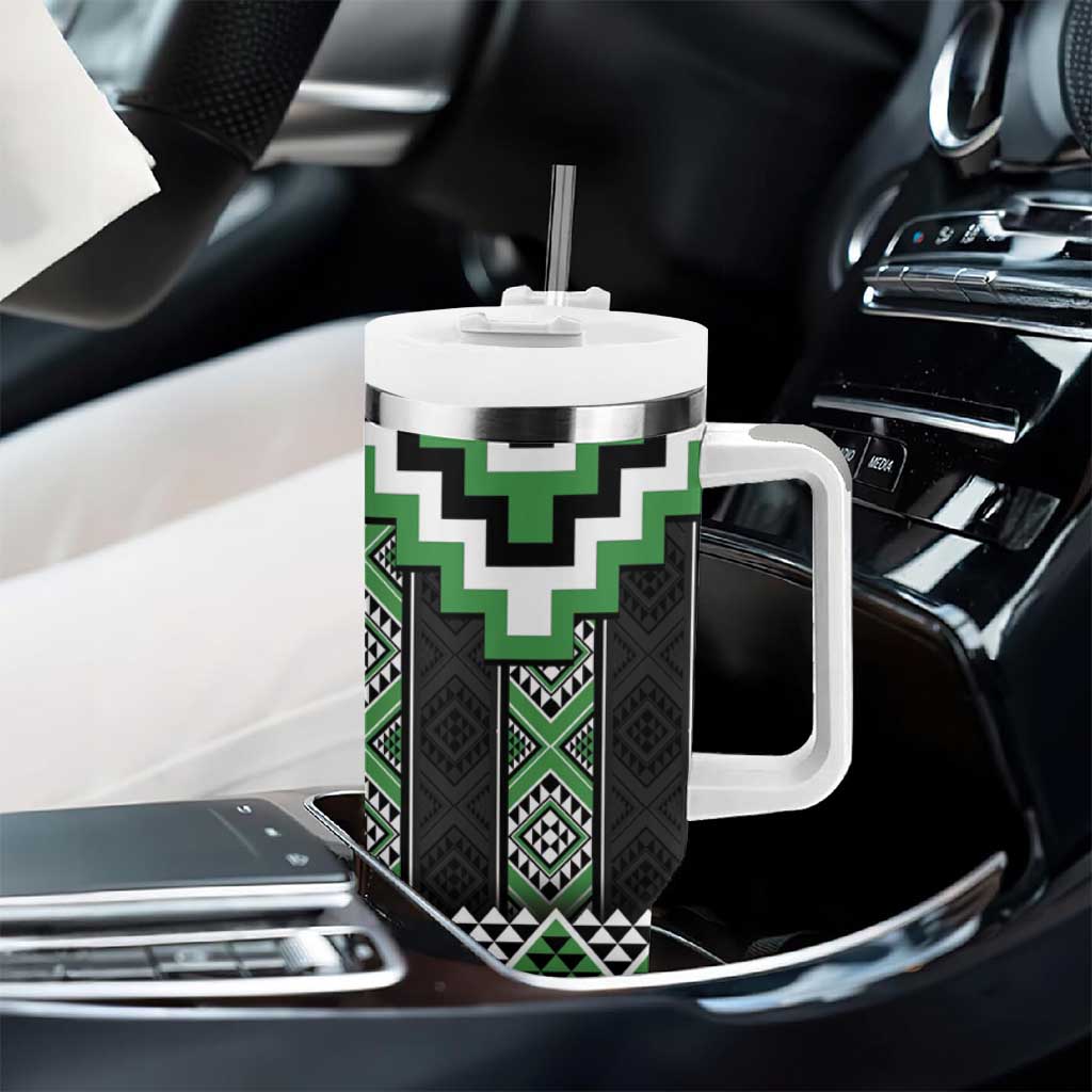 Green Taniko Pattern Aotearoa Tumbler With Handle Niho Taniwha Mix Poutama LT14 - Polynesian Pride