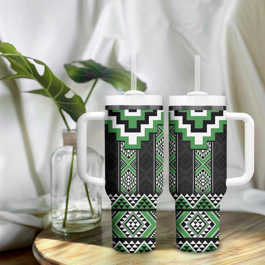 Green Taniko Pattern Aotearoa Tumbler With Handle Niho Taniwha Mix Poutama LT14 - Polynesian Pride