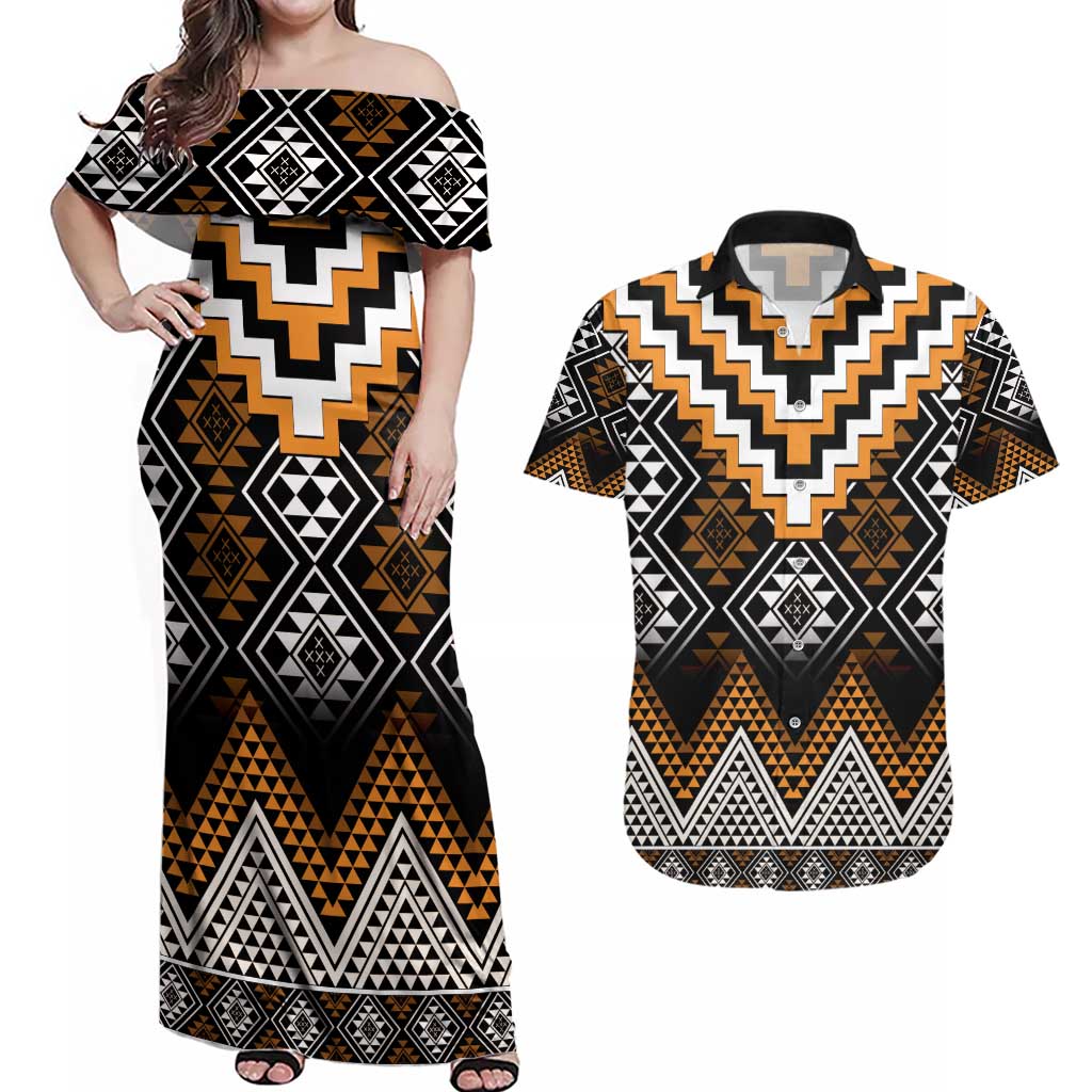 Orange Taniko Pattern Aotearoa Couples Matching Off Shoulder Maxi Dress and Hawaiian Shirt Niho Taniwha Mix Poutama