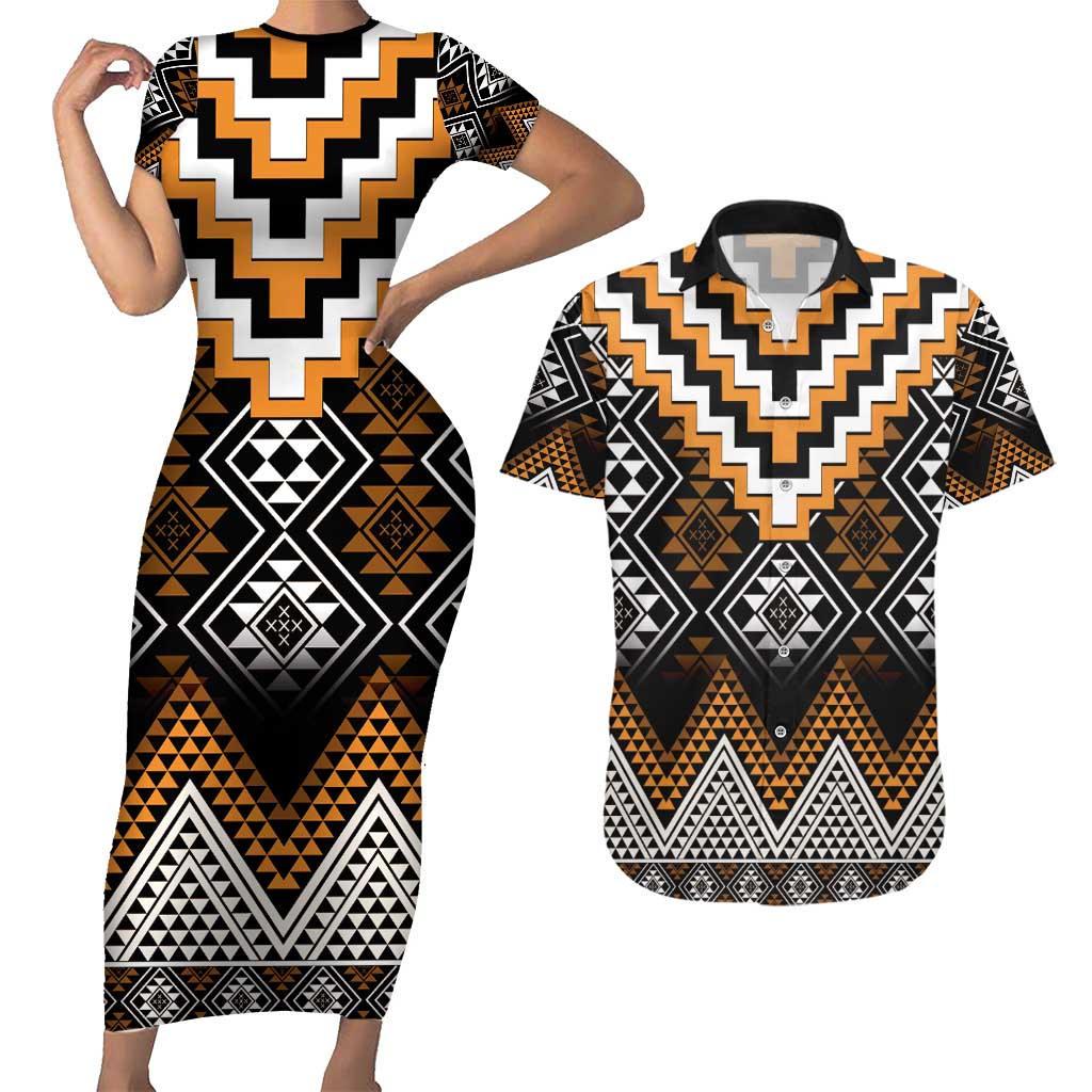 Orange Taniko Pattern Aotearoa Couples Matching Short Sleeve Bodycon Dress and Hawaiian Shirt Niho Taniwha Mix Poutama