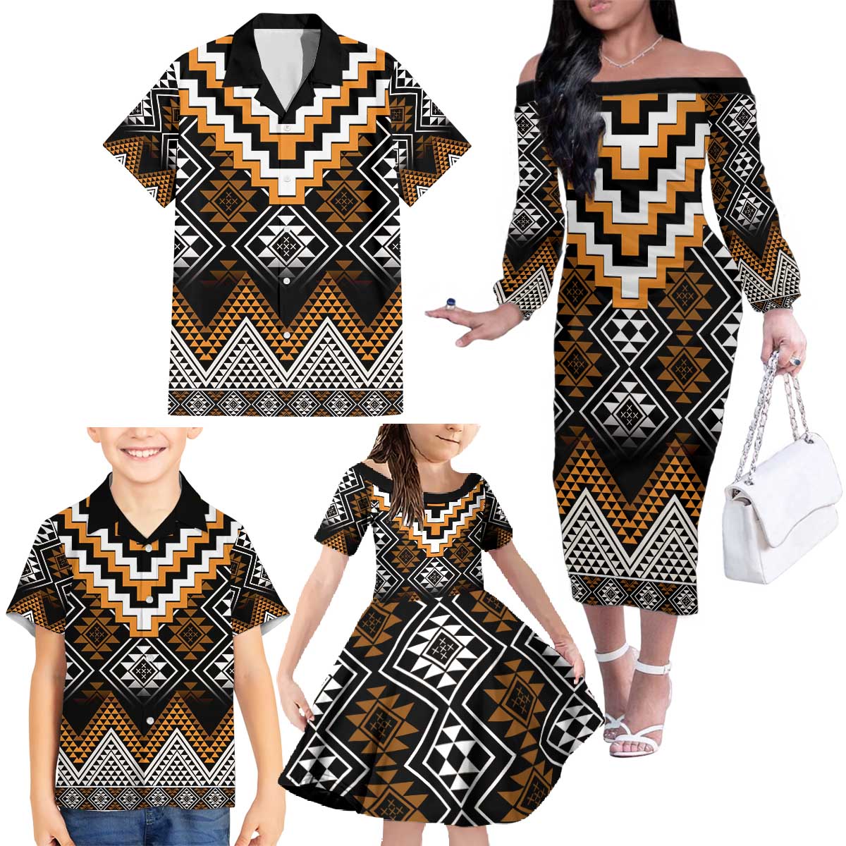 Orange Taniko Pattern Aotearoa Family Matching Off The Shoulder Long Sleeve Dress and Hawaiian Shirt Niho Taniwha Mix Poutama