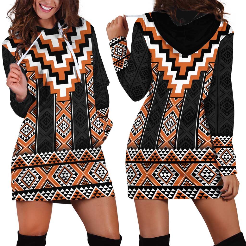 Orange Taniko Pattern Aotearoa Hoodie Dress Niho Taniwha Mix Poutama LT14 - Polynesian Pride