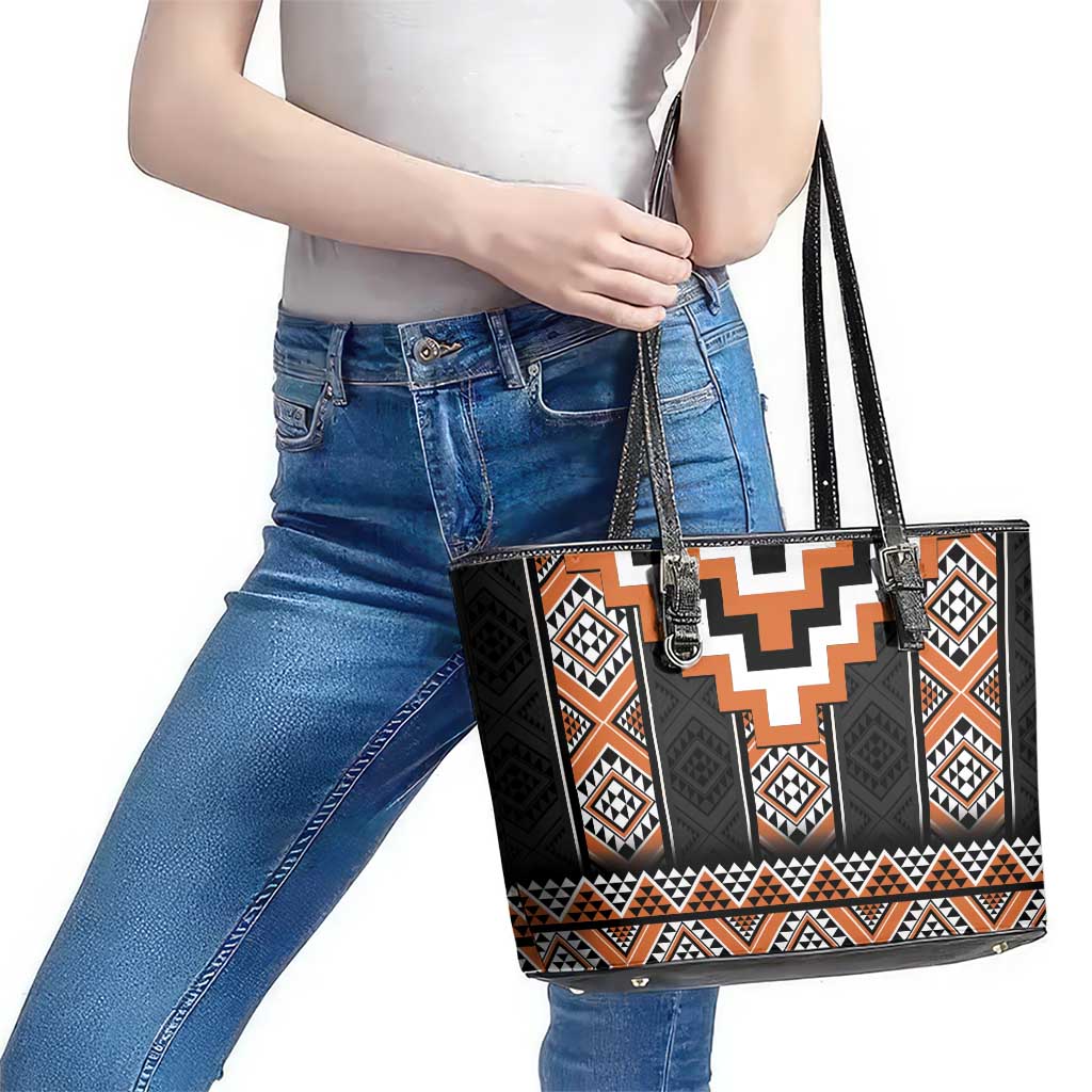 Orange Taniko Pattern Aotearoa Leather Tote Bag Niho Taniwha Mix Poutama LT14 - Polynesian Pride