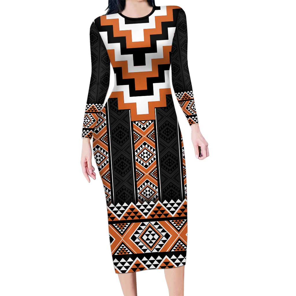 Orange Taniko Pattern Aotearoa Long Sleeve Bodycon Dress Niho Taniwha Mix Poutama LT14 Long Dress Orange - Polynesian Pride