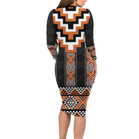Orange Taniko Pattern Aotearoa Long Sleeve Bodycon Dress Niho Taniwha Mix Poutama LT14 - Polynesian Pride