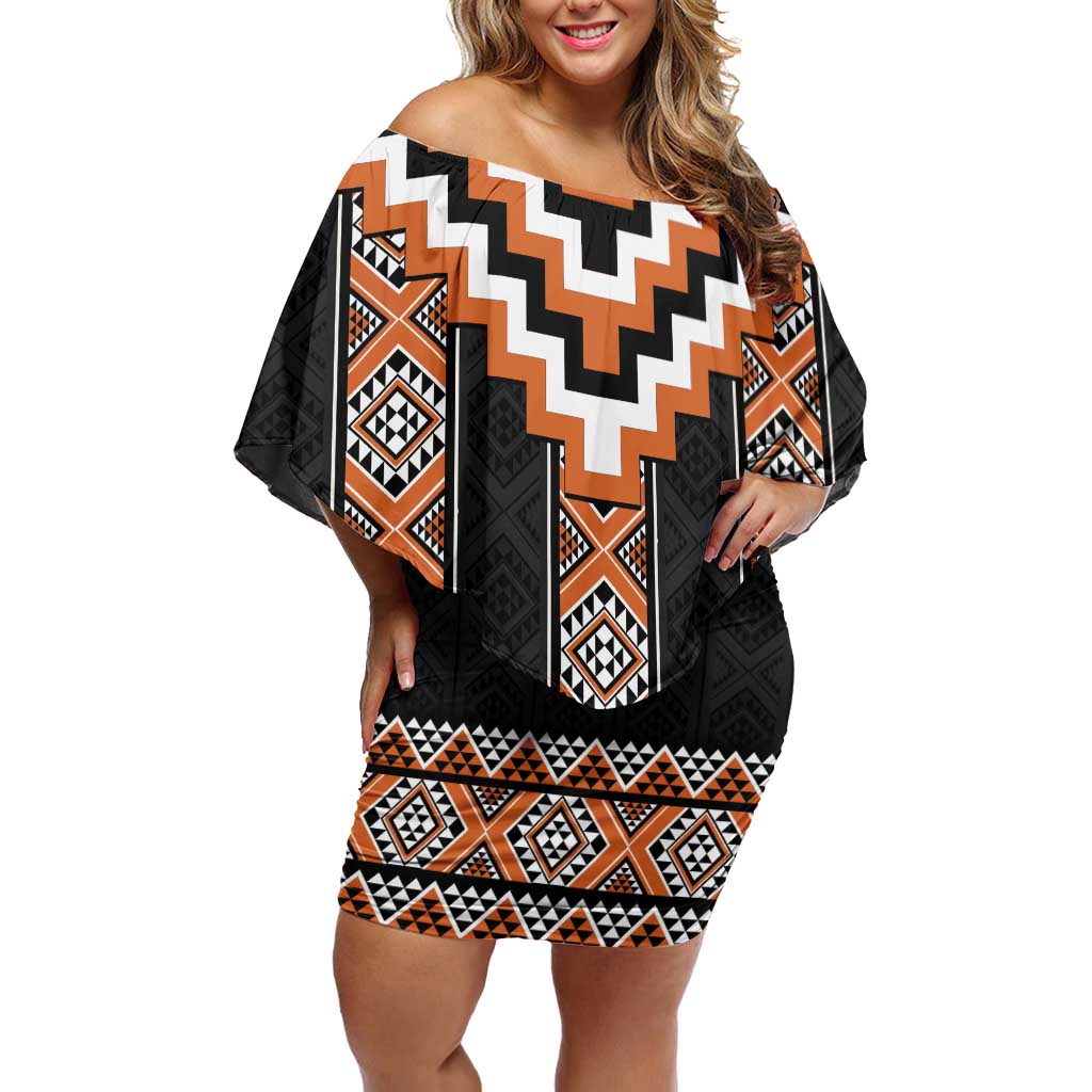 Orange Taniko Pattern Aotearoa Off Shoulder Short Dress Niho Taniwha Mix Poutama LT14 Women Orange - Polynesian Pride